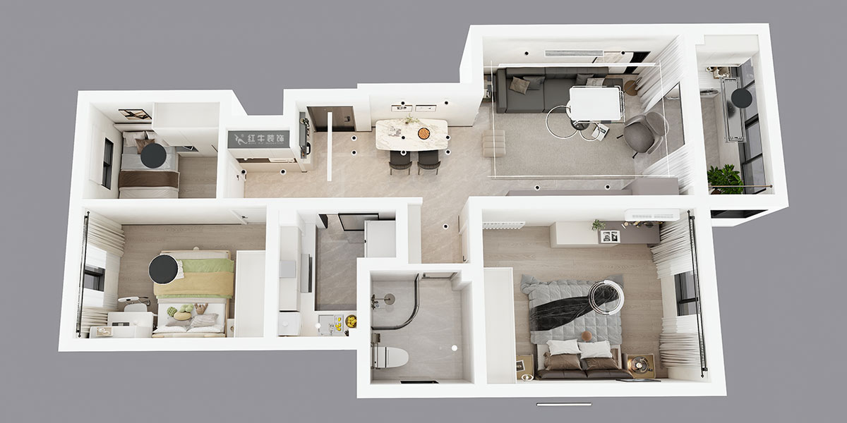 蔣?。自蒲啪?1-202-88㎡-現(xiàn)代簡約風(fēng)格｜3室2廳1衛(wèi)｜新房裝修｜定制家｜全包11萬｜00_04鳥瞰圖