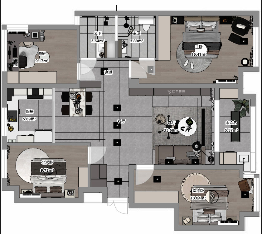 孟憲濤｜融創(chuàng)臻園15-1005-120㎡-簡約風格｜4室2廳2衛(wèi)｜新房裝修｜定制家｜全包16萬｜00_03平面彩圖