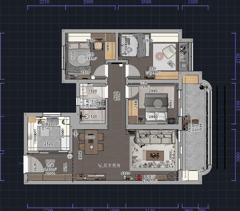 熊皓宇｜高科紫堯星院-90㎡-現代原木風｜3室2廳1衛(wèi)｜精裝修改造｜00_01平面彩圖