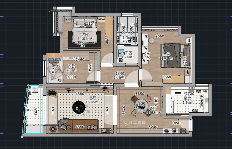 熊皓宇｜恒生名仕嘉園-110㎡-輕法式風(fēng)格｜3室2廳1衛(wèi)｜老房裝修｜定制家｜全包｜00_01平面彩圖