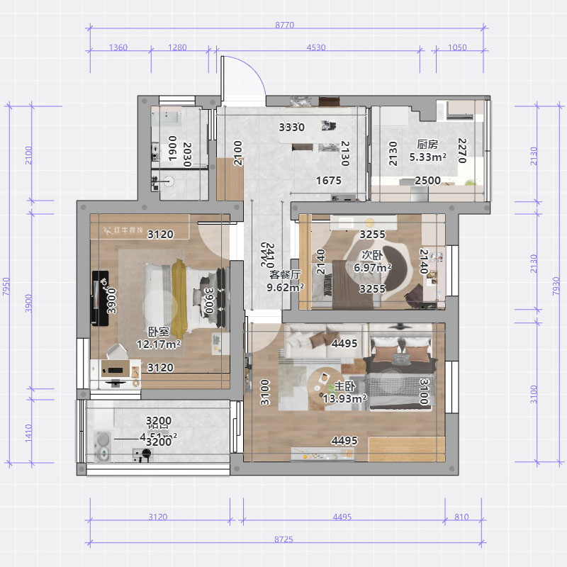 蔣?。少t街92號(hào)院9-301-68㎡-現(xiàn)代簡約風(fēng)格｜3室1廳1衛(wèi)｜老房裝修｜定制家｜全包10萬｜00_03平面彩圖