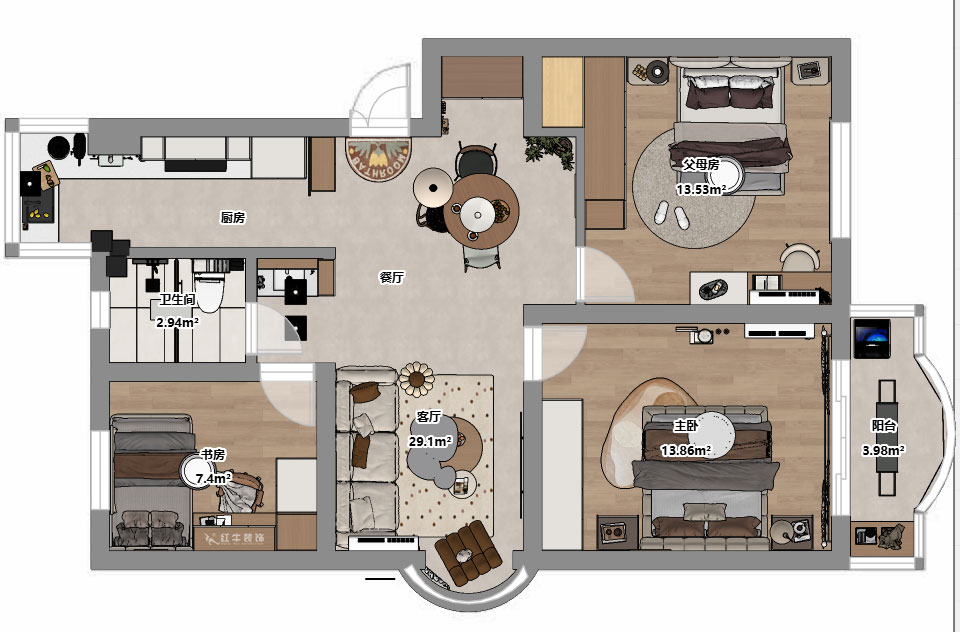 仇美蓉｜裕華新村2-3-406-86㎡-簡約風格｜3室2廳1衛(wèi)｜老房裝修｜定制家｜全包10萬｜00_03平面彩圖