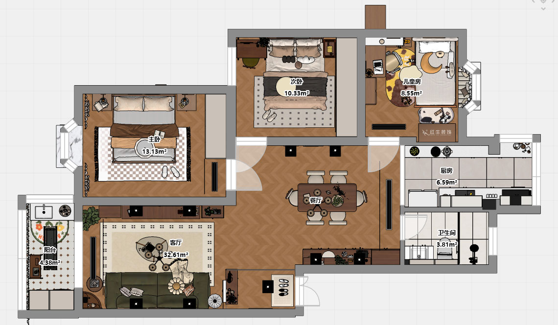朱彥|林業(yè)大學(xué)一村2-204-90㎡-現(xiàn)代簡(jiǎn)約風(fēng)格|3室2廳1衛(wèi)|老房改造|定制家|全包12萬|00_03平面彩圖
