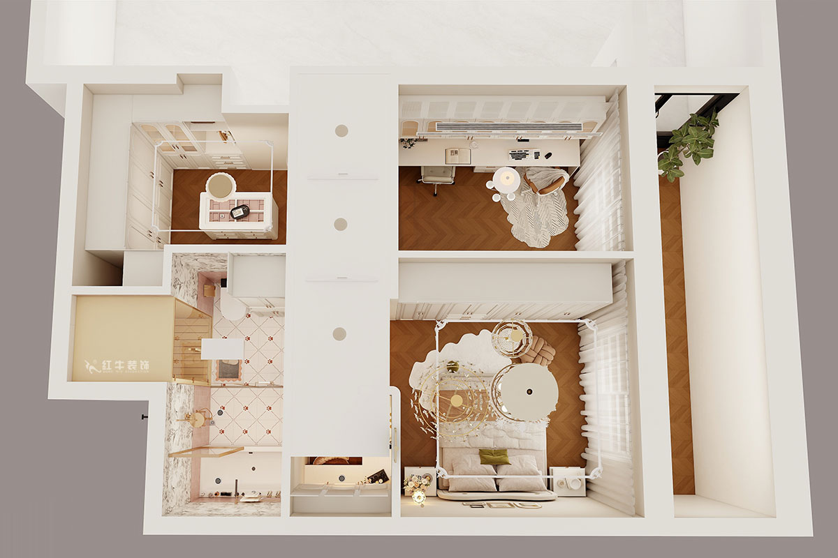 蔣?。ㄓ睢?rùn)悅府5-2-104-130㎡-美式復(fù)古風(fēng)格｜3室2廳1衛(wèi)｜新房裝修｜定制家｜全包15萬｜00_04鳥瞰圖