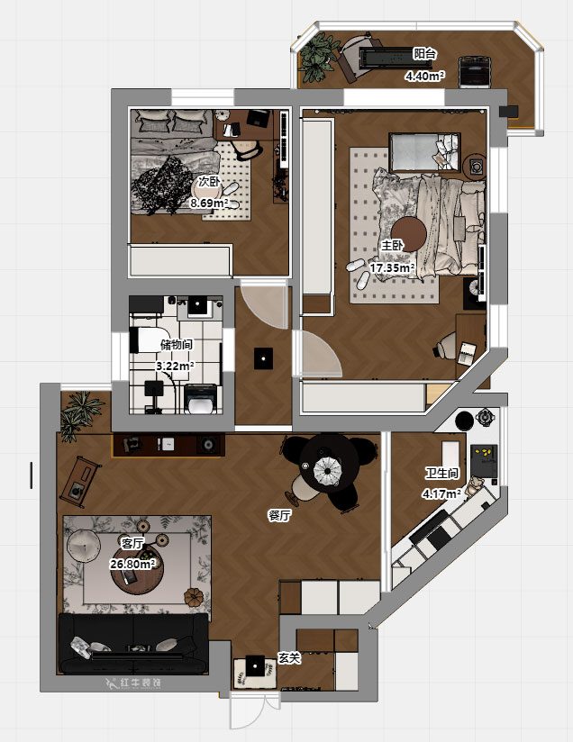 孟憲濤|金寶花園5-2701-82㎡-簡約中古風(fēng)格|2室1廳1衛(wèi)|老房裝修|定制家|全包10萬|00_03平面彩圖