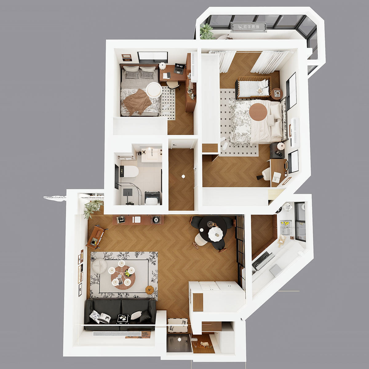 孟憲濤|金寶花園5-2701-82㎡-簡約中古風(fēng)格|2室1廳1衛(wèi)|老房裝修|定制家|全包10萬|00_04鳥瞰圖