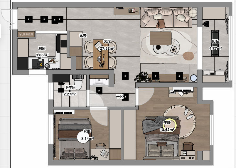 劉小勇|望江春和園8-1904-80㎡-現(xiàn)代簡約風(fēng)格|2室1廳1衛(wèi)1廚1陽臺(tái)|新房裝修|定制家|全包9萬|00_03平面彩圖